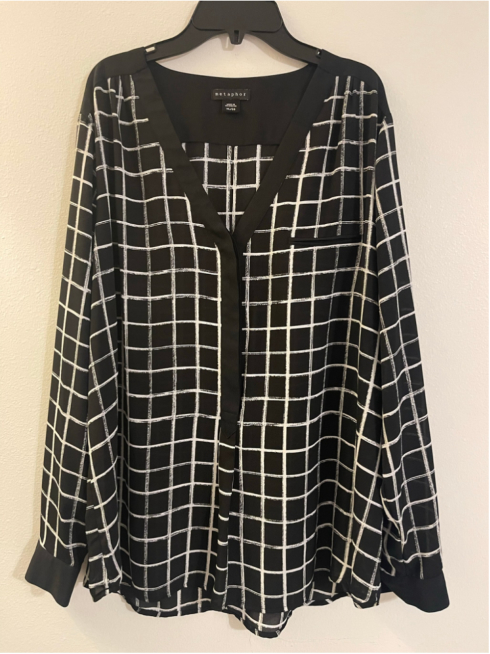 Women's Metaphor Black & White Plaid Blouse, Size XL